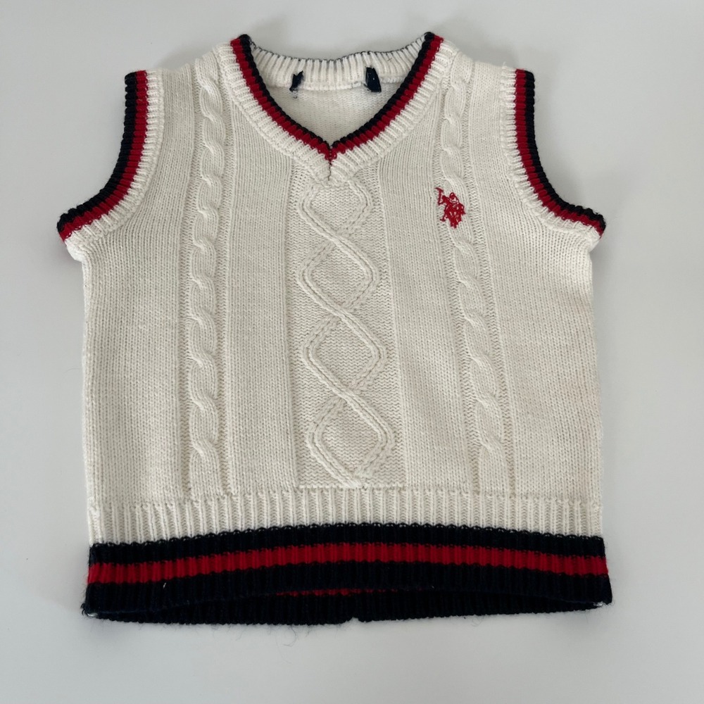 US Polo Assn Kid Sweater Vest Cream White Cable Knit V-Neck Red Navy Trim no tag